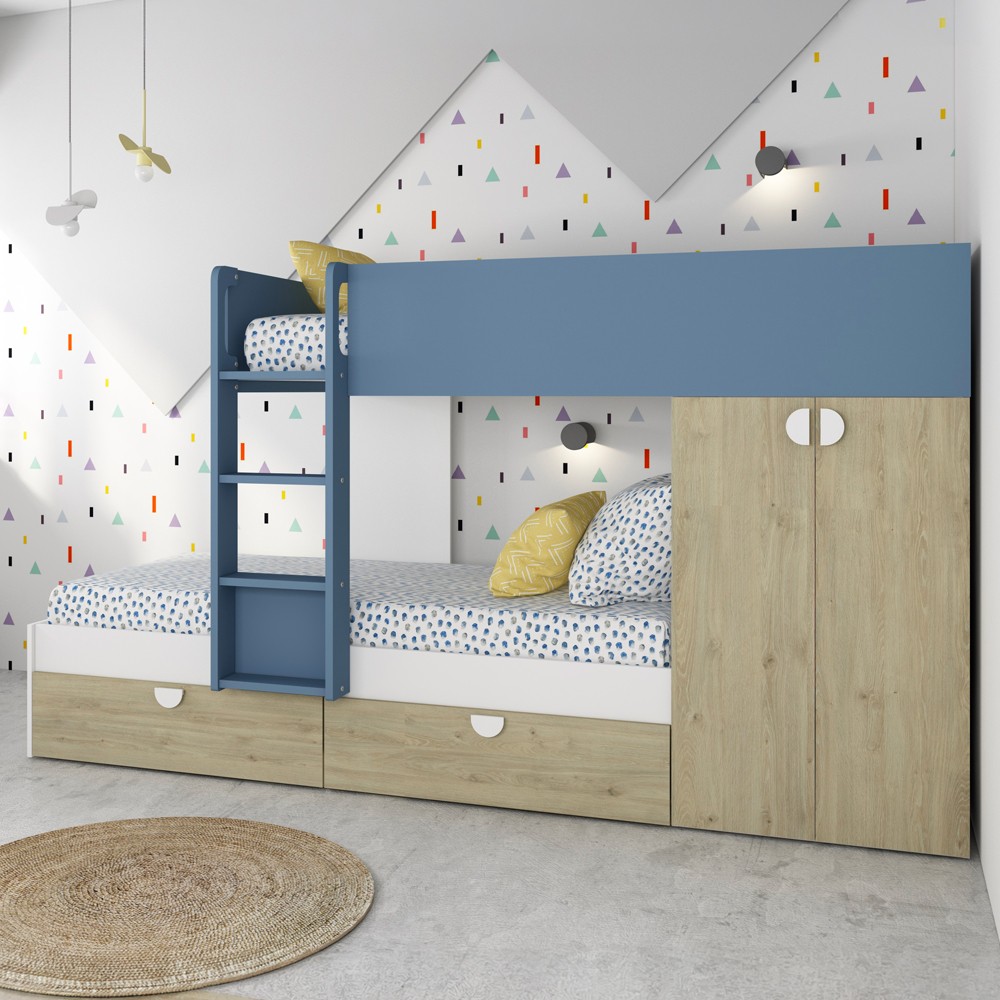 Cameretta con letto a castello con cassettoni e armadio reversibile colore rovere e azzurro Cameretta con letto a castello con cassettoni e armadio reversibile colore rovere e azzurro
