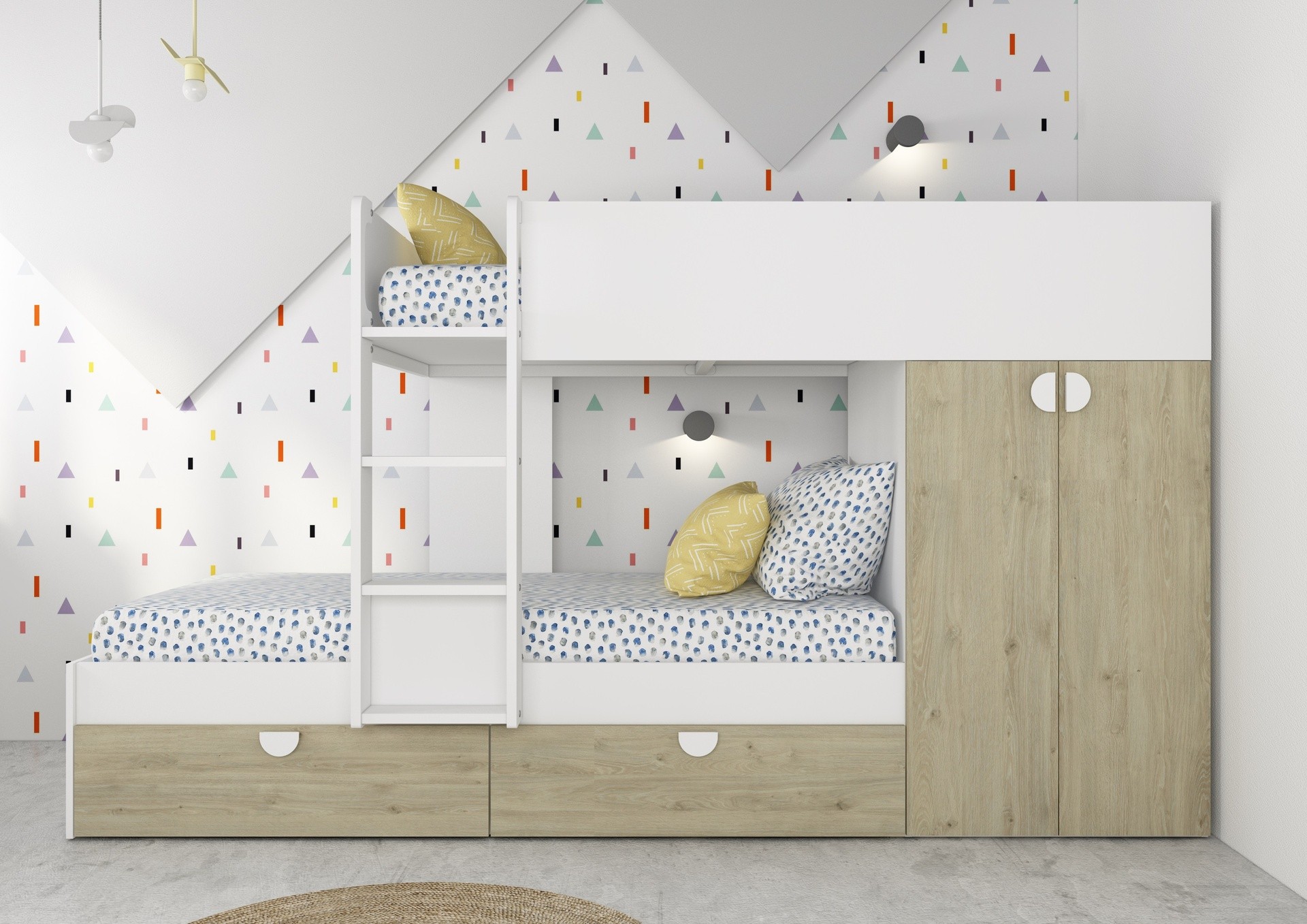 Cameretta con letto a castello con cassettoni e armadio reversibile colore rovere e bianco Cameretta con letto a castello con cassettoni e armadio reversibile colore rovere e bianco