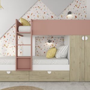 Cameretta con letto a castello con cassettoni e armadio reversibile colore rovere e rosa antico