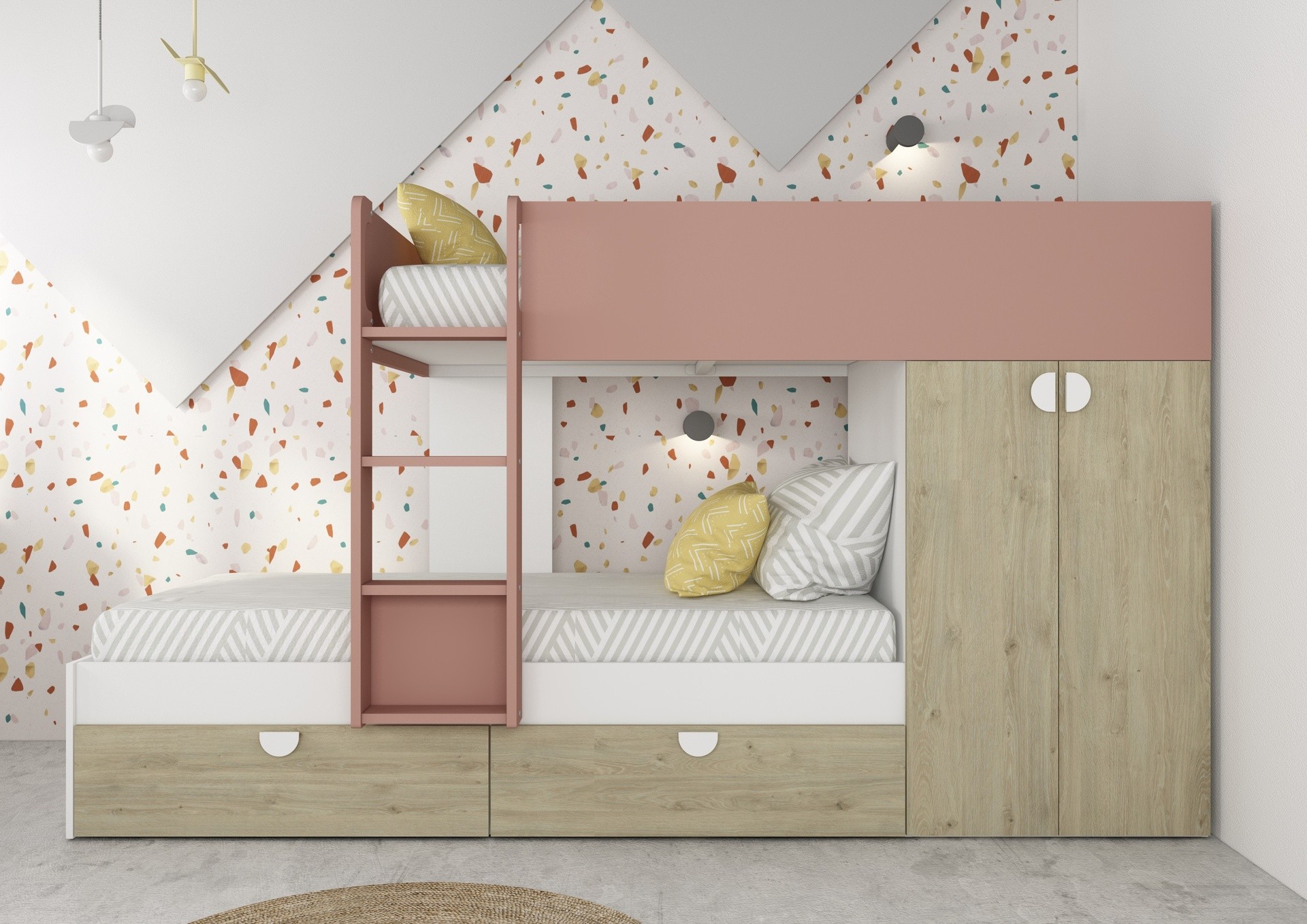 Cameretta con letto a castello con cassettoni e armadio reversibile colore rovere e rosa antico Cameretta con letto a castello con cassettoni e armadio reversibile colore rovere e rosa antico
