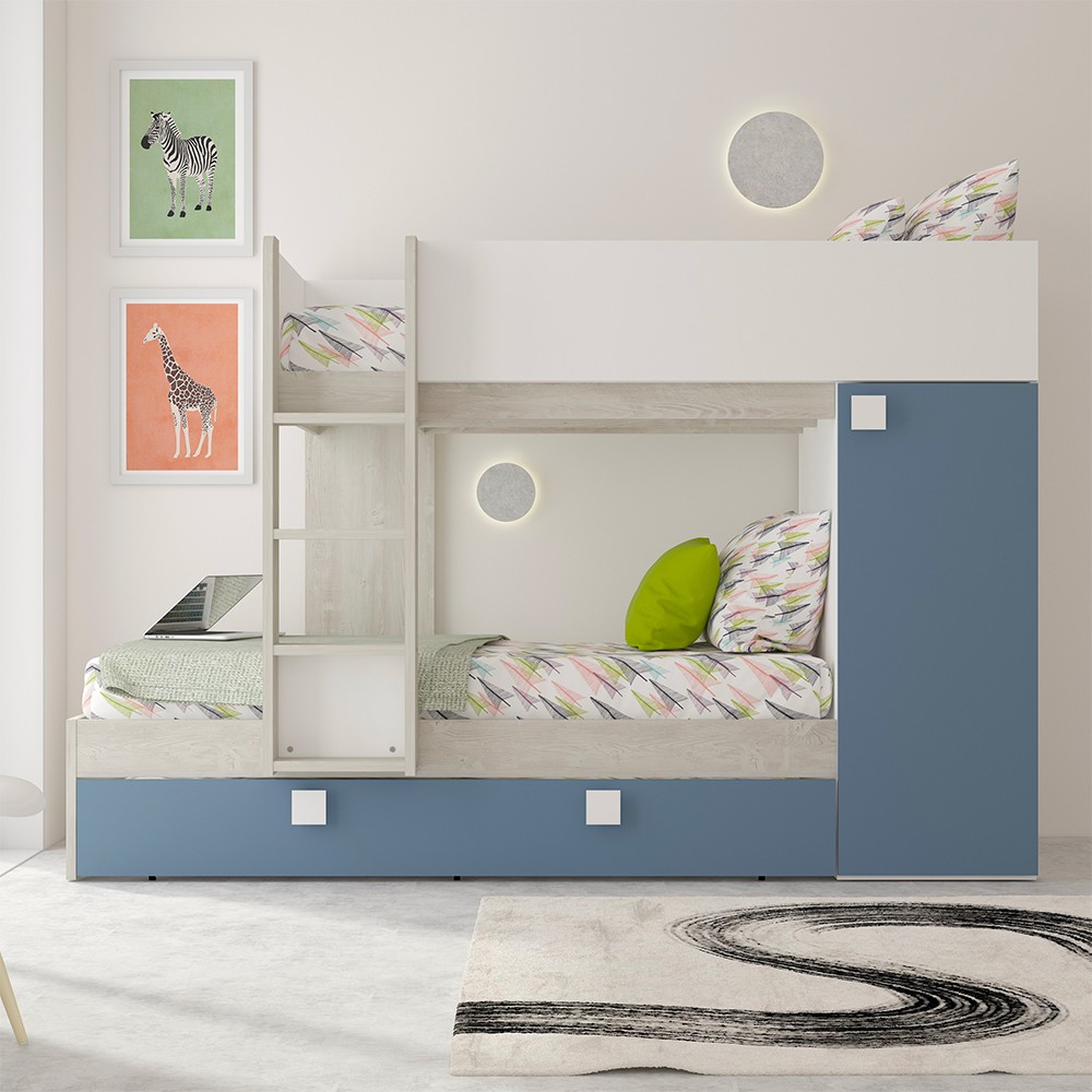 Cameretta con letto a castello e letto estraibile con armadio integrato colore bianco consumato e azzurro reversibile Cameretta con letto a castello e letto estraibile con armadio integrato colore bianco consumato e azzurro reversibile