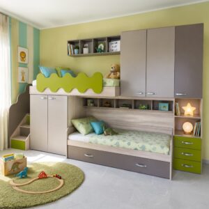 Cameretta soppalco Milly con 3 letti colore talco verde e brown