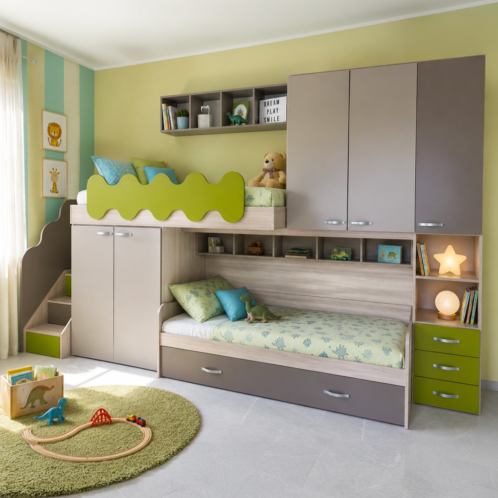 Cameretta soppalco Milly con 3 letti colore talco verde e brown Cameretta soppalco Milly con 3 letti colore talco verde e brown