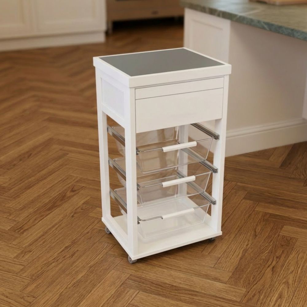 Carrello Dolly in faggio massello colore bianco con cesti estraibili in acrilico trasparente Carrello Dolly in faggio massello colore bianco con cesti estraibili in acrilico trasparente