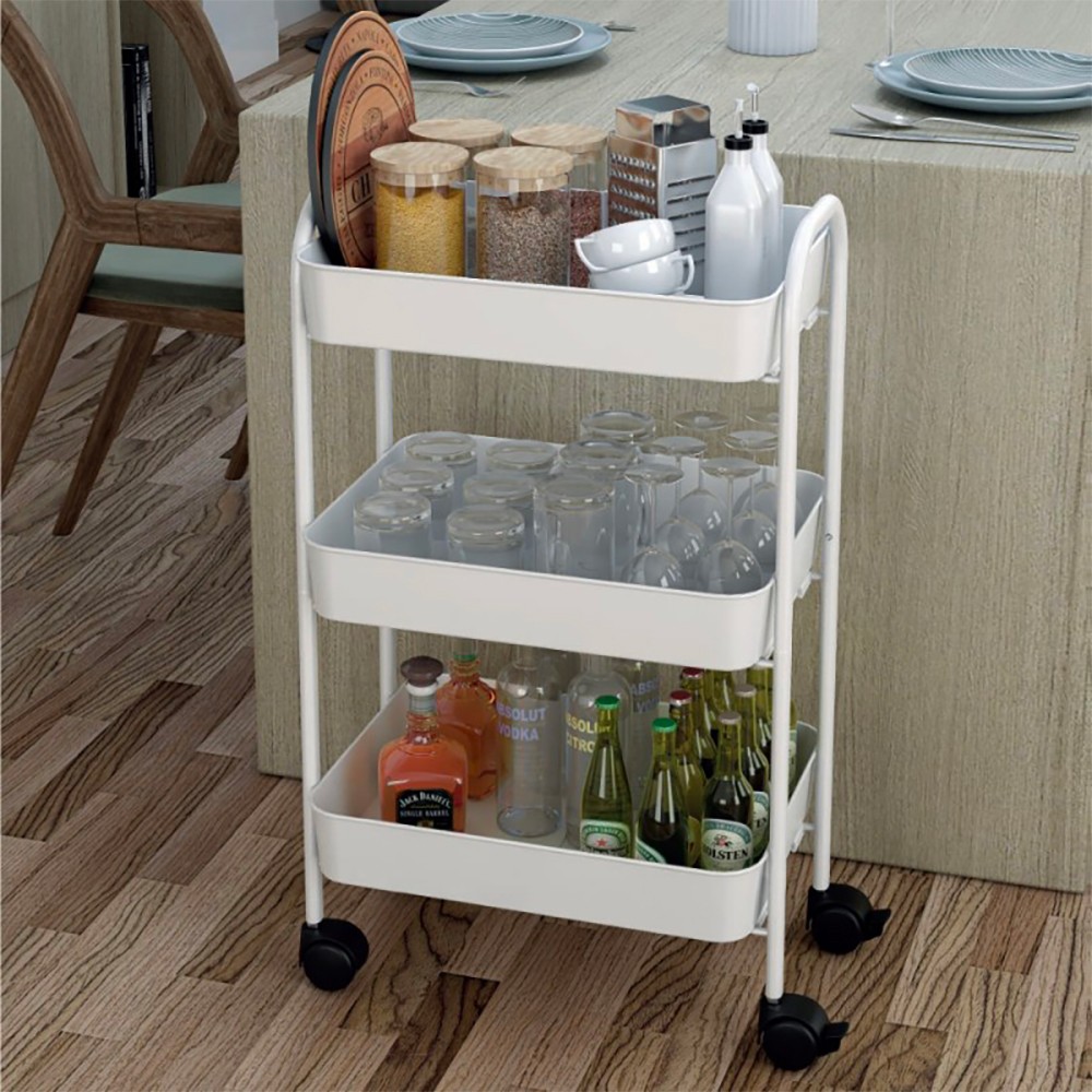 Carrello service multiuso Tier 3 ripiani con rotelle in metallo bianco Carrello service multiuso Tier 3 ripiani con rotelle in metallo bianco