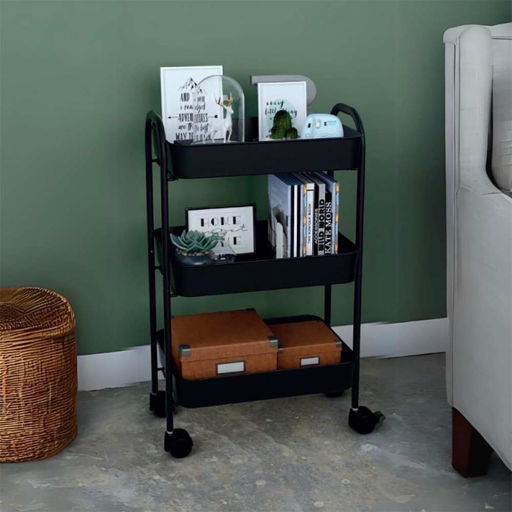 Carrello service multiuso Tier 3 ripiani con rotelle in metallo nero Carrello service multiuso Tier 3 ripiani con rotelle in metallo nero