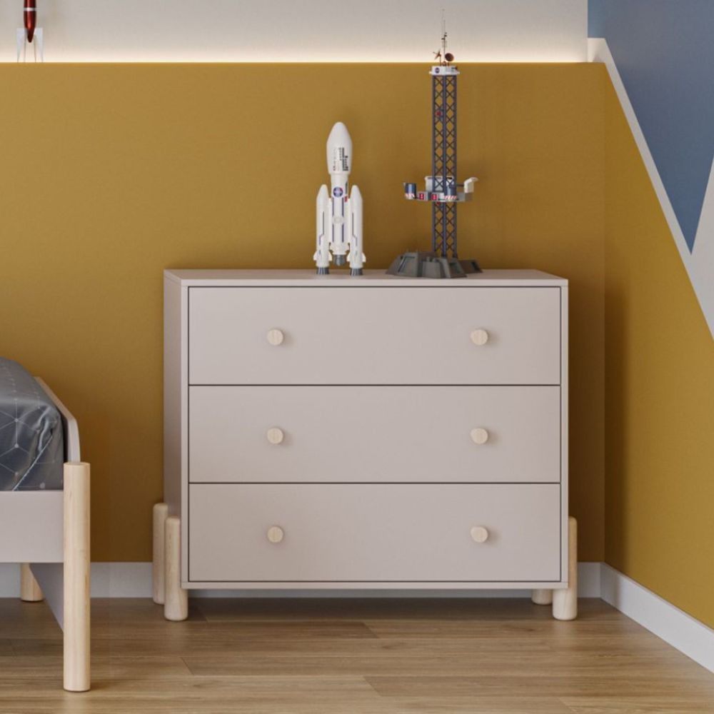 Cassettiera Enola in legno massiccio con 3 cassetti beige e gambe pino Cassettiera Enola in legno massiccio con 3 cassetti beige e gambe pino