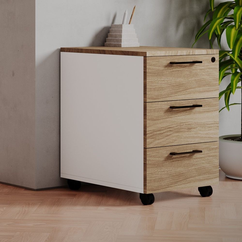 Cassettiera Ibisco per ufficio con struttura bianco frassinato e piano noce naturale Cassettiera Ibisco per ufficio con struttura bianco frassinato e piano noce naturale
