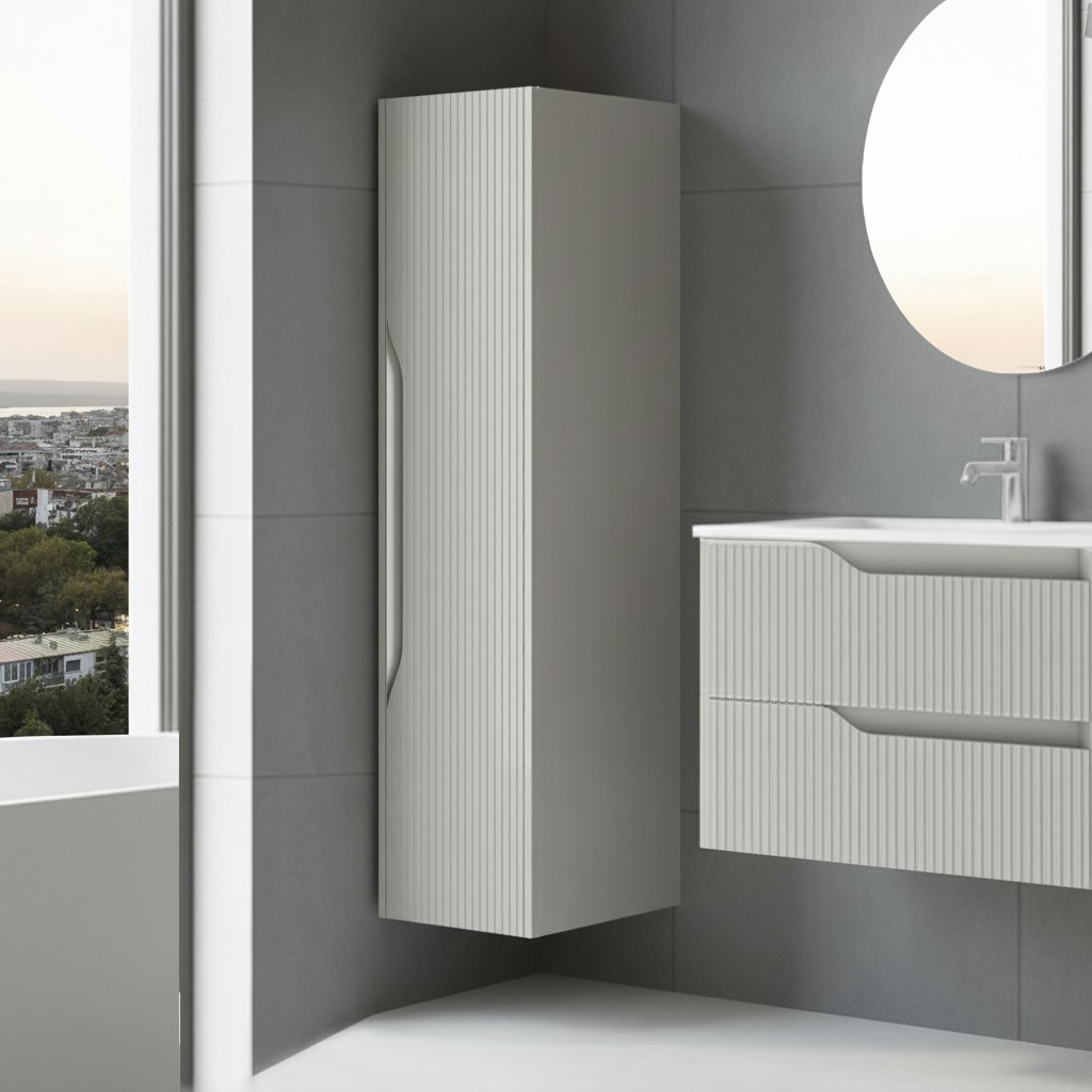 Colonna bagno sospesa Soho 1 anta effetto cannettato colore cashmere opaco 120x27x35 cm. Colonna bagno sospesa Soho 1 anta effetto cannettato colore cashmere opaco 120x27x35 cm.