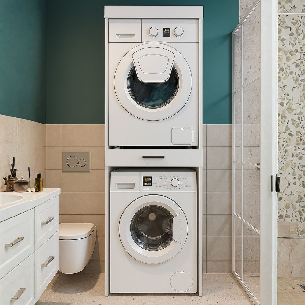 Colonna bucato coprilavatrice e copriasciugatrice Fika con cassetto appoggio colore bianco Colonna bucato coprilavatrice e copriasciugatrice Fika con cassetto appoggio colore bianco