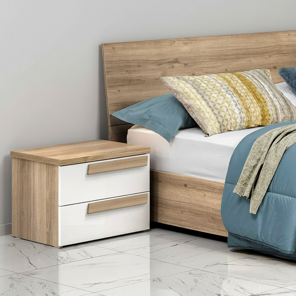 Comodino Melodia 2 cassetti con struttura e maniglie rovere caramello e frontali bianco lucido Comodino Melodia 2 cassetti con struttura e maniglie rovere caramello e frontali bianco lucido