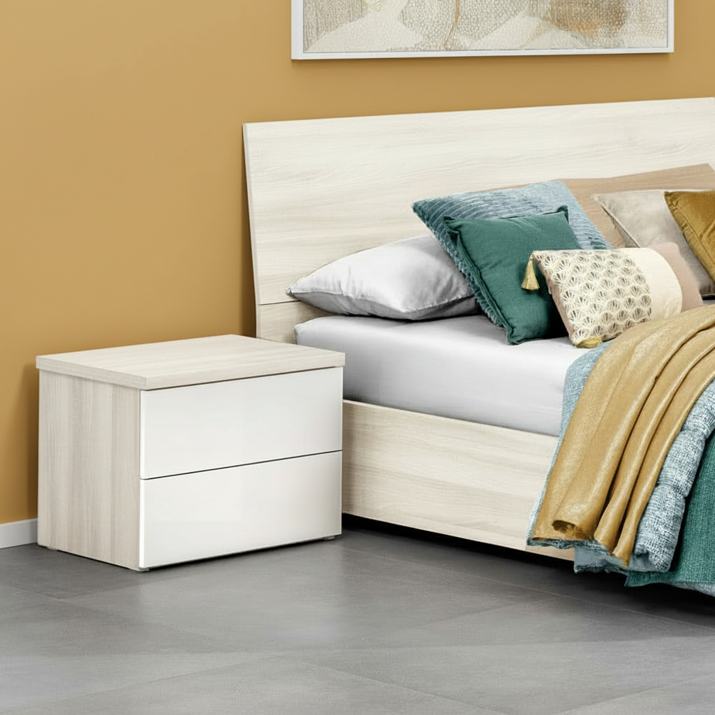 Comodino Melodia 2 cassetti senza maniglie in rovere sbiancato e bianco lucido Comodino Melodia 2 cassetti senza maniglie in rovere sbiancato e bianco lucido