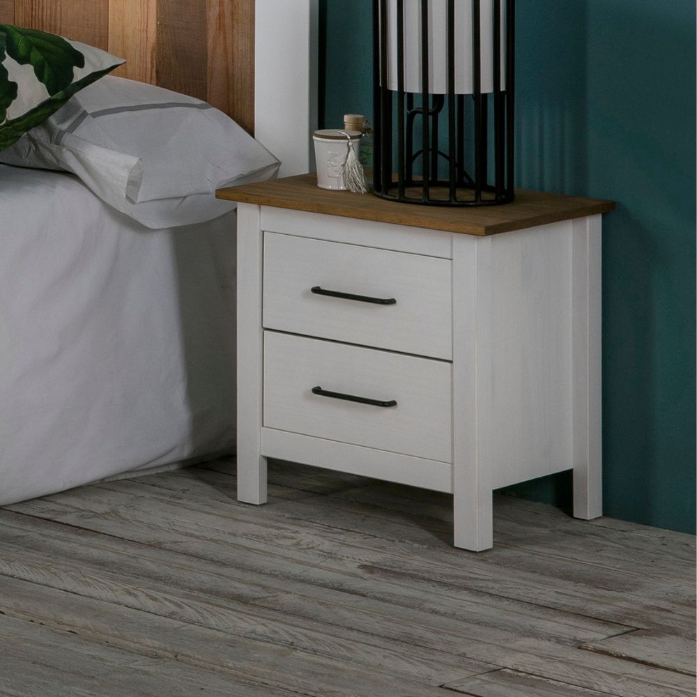 Comodino Miranda 2 cassetti in legno massiccio bianco e top pino Comodino Miranda 2 cassetti in legno massiccio bianco e top pino