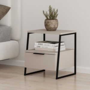 Comodino Pal con struttura cashmere e gambe in metallo nero