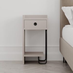 Comodino Sirius con cassetto colore tortora e gamba in metallo nero sinistro