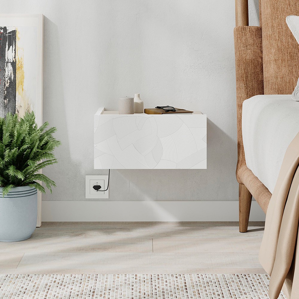 Comodino sospeso Onda colore bianco e cashmere con luci integrate Comodino sospeso Onda colore bianco e cashmere con luci integrate