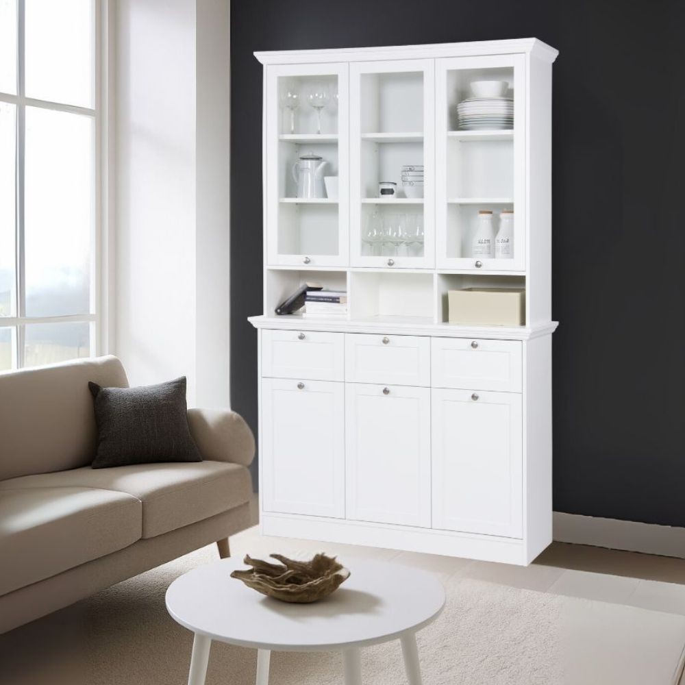 Credenza con vetrina Landwood50 3 ante vetro superiori 3 ante inferiori vani a giorno e 3 cassetti in bianco Credenza con vetrina Landwood50 3 ante vetro superiori 3 ante inferiori vani a giorno e 3 cassetti in bianco