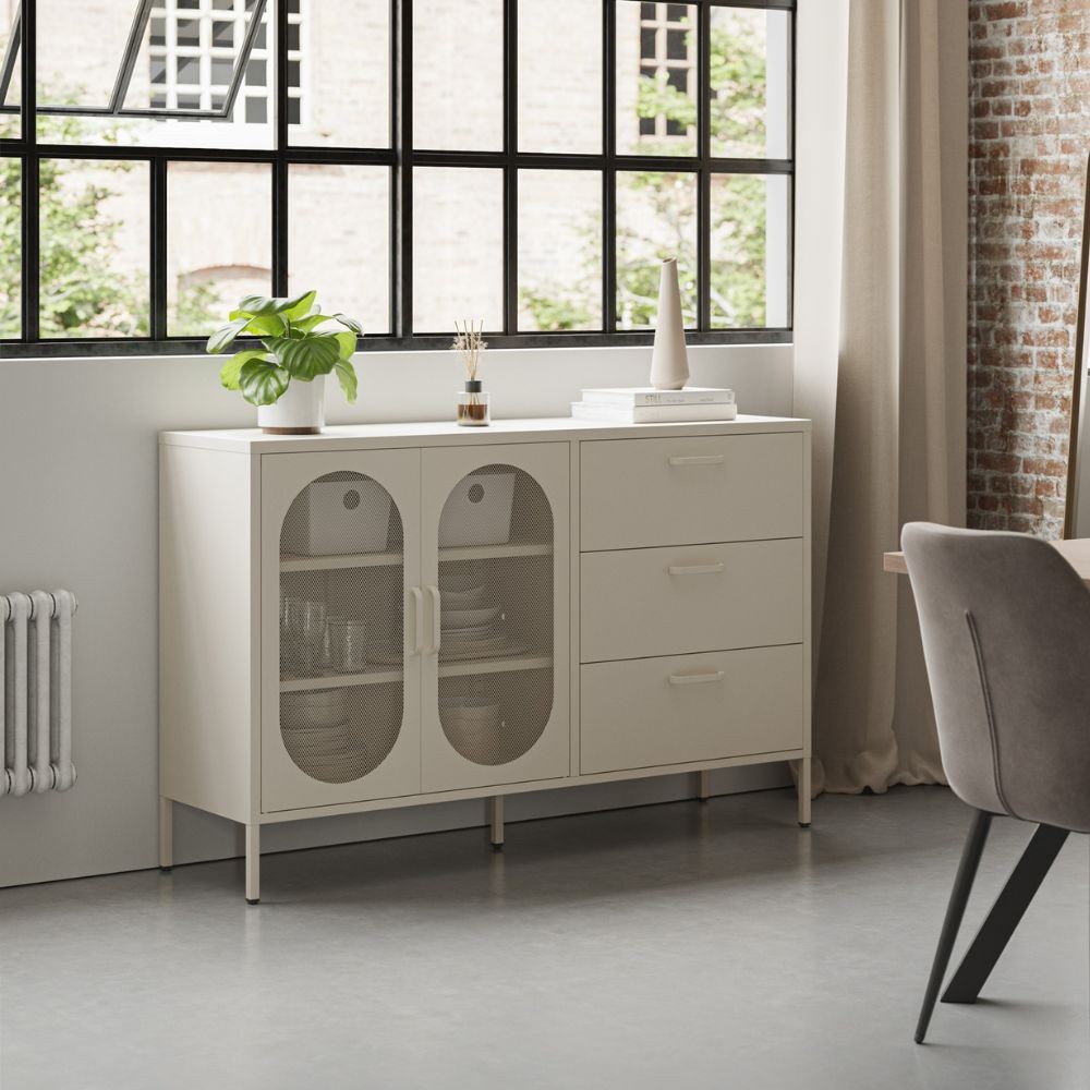 Credenza Diora 2 ante e 3 cassetti in metallo colore crema Credenza Diora 2 ante e 3 cassetti in metallo colore crema