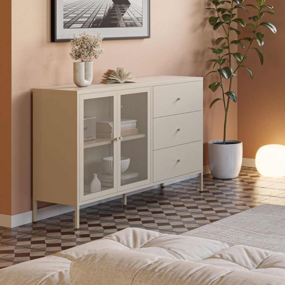 Credenza Fayna19353 in metallo con 2 ante e 3 cassetti colore sabbia Credenza Fayna19353 in metallo con 2 ante e 3 cassetti colore sabbia