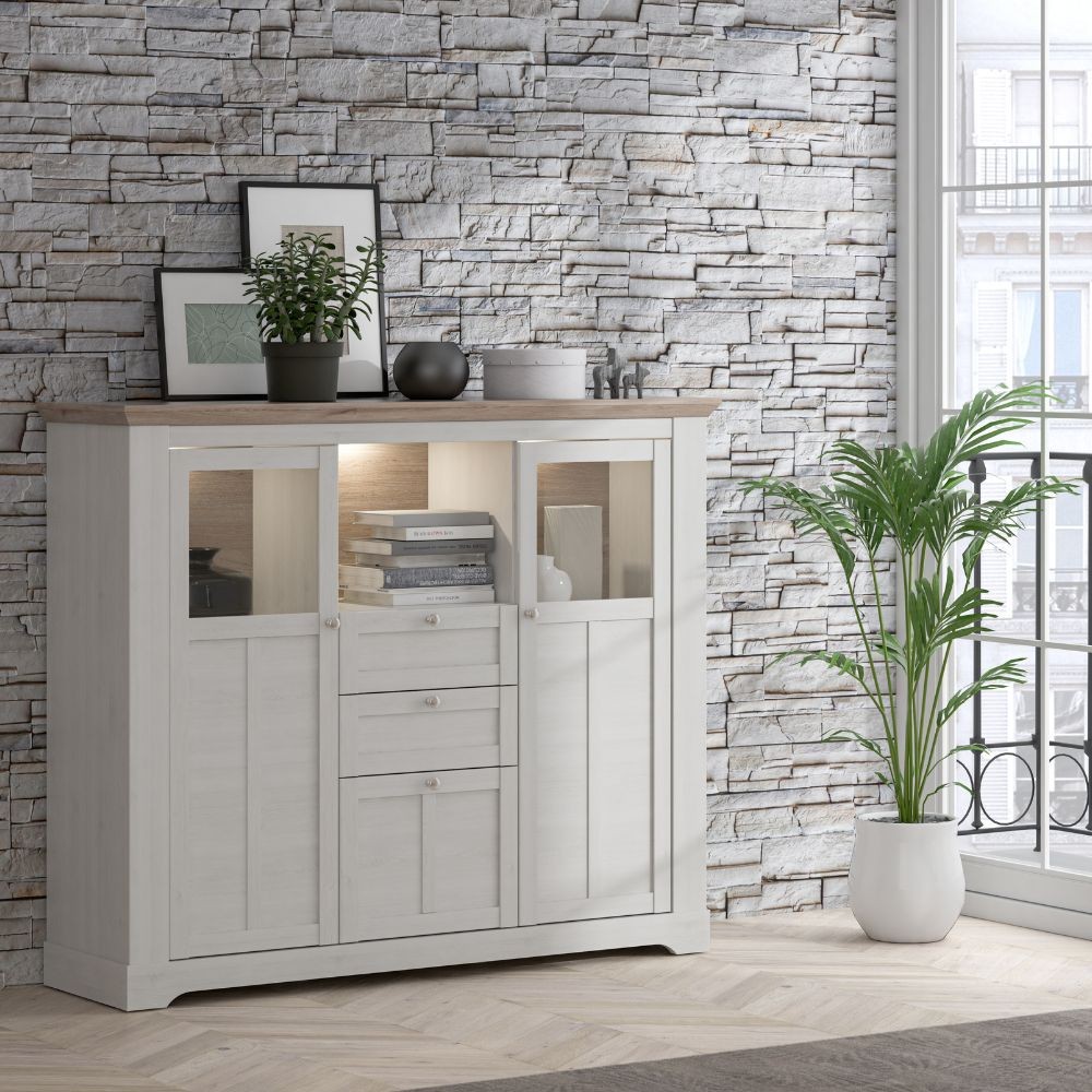 Credenza Forma con 2 cassetti e 3 ante con vetro temperato colore rovere neve e piano olmo scuro con luci integrate Credenza Forma con 2 cassetti e 3 ante con vetro temperato colore rovere neve e piano olmo scuro con luci integrate