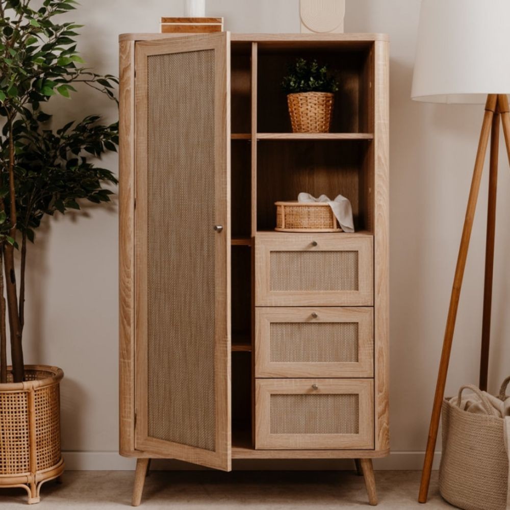 Credenza KUTA53 rovere sonoma 3 cassetti e anta effetto rafia Credenza KUTA53 rovere sonoma 3 cassetti e anta effetto rafia