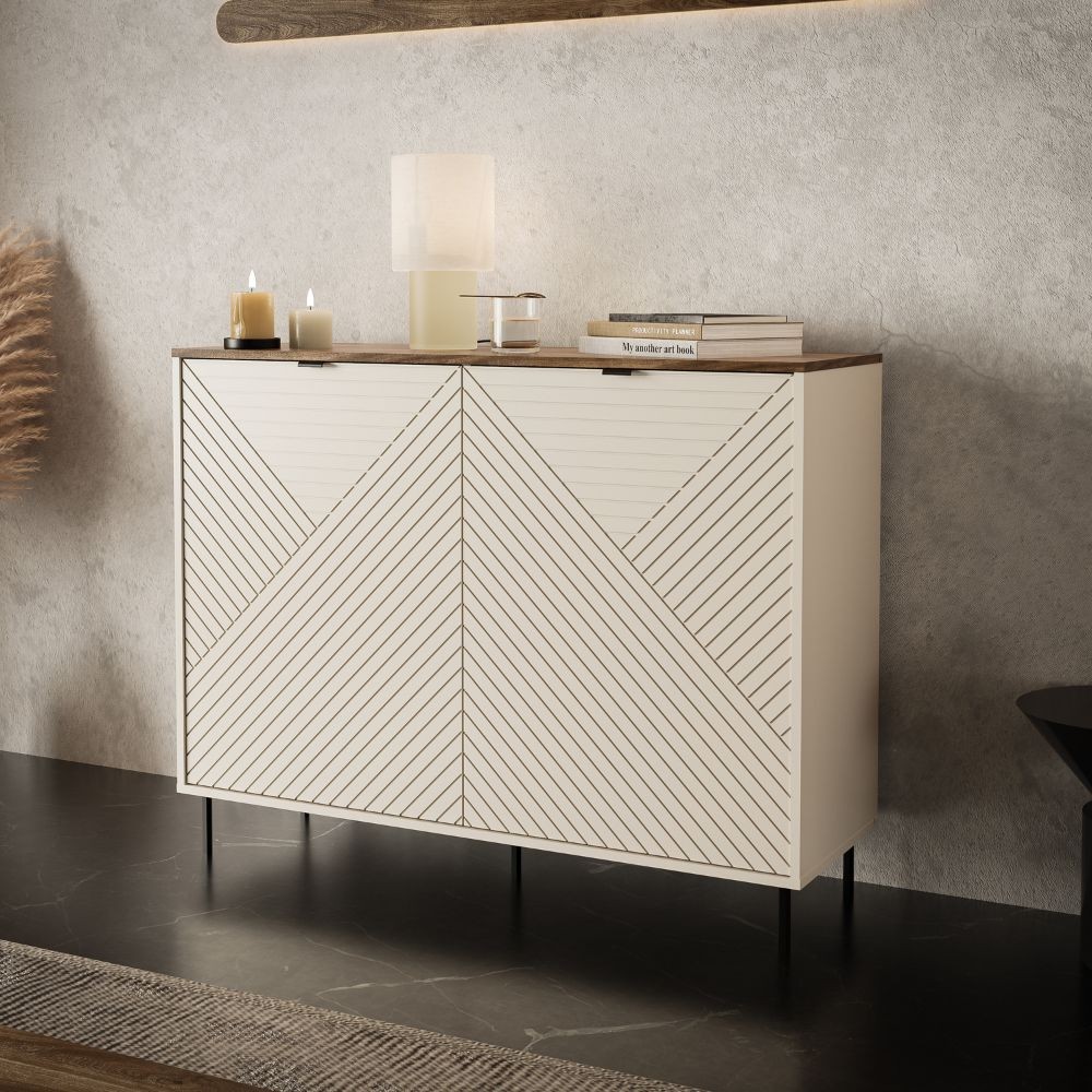 Credenza Mirage01 con 2 ante cashmere con motivo geometrico e top rovere Credenza Mirage01 con 2 ante cashmere con motivo geometrico e top rovere