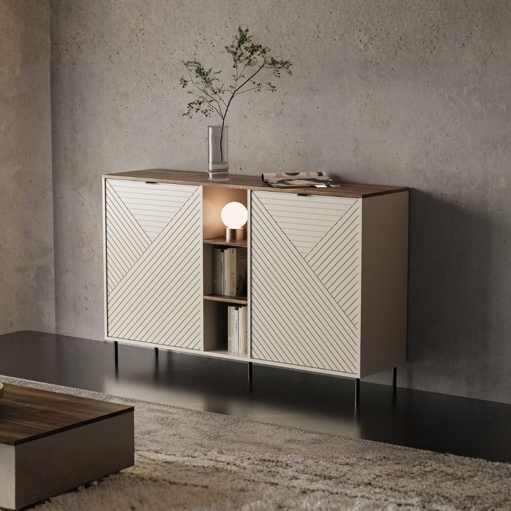 Credenza Mirage08 con 2 ante con motivo geometrico e ripiani a giorno colore cashmere e rovere Credenza Mirage08 con 2 ante con motivo geometrico e ripiani a giorno colore cashmere e rovere