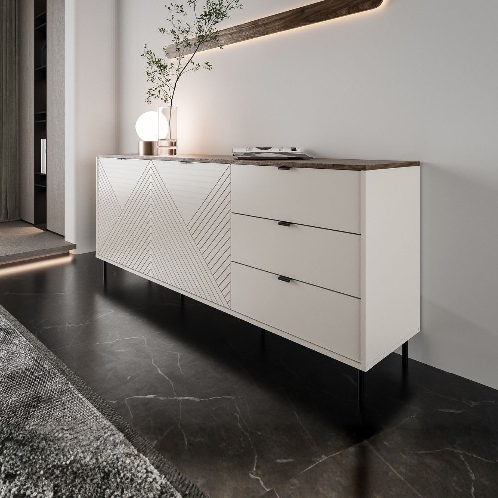 Credenza Mirage09 con 2 ante con motivo geometrico e 3 cassetti colore cashmere e top rovere Credenza Mirage09 con 2 ante con motivo geometrico e 3 cassetti colore cashmere e top rovere
