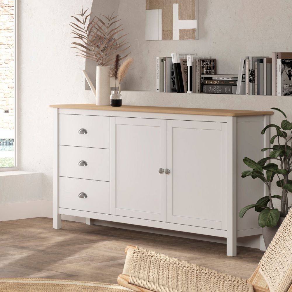 Credenza Misti 2 ante e 3 cassetti in legno massiccio bianco e rovere Credenza Misti 2 ante e 3 cassetti in legno massiccio bianco e rovere