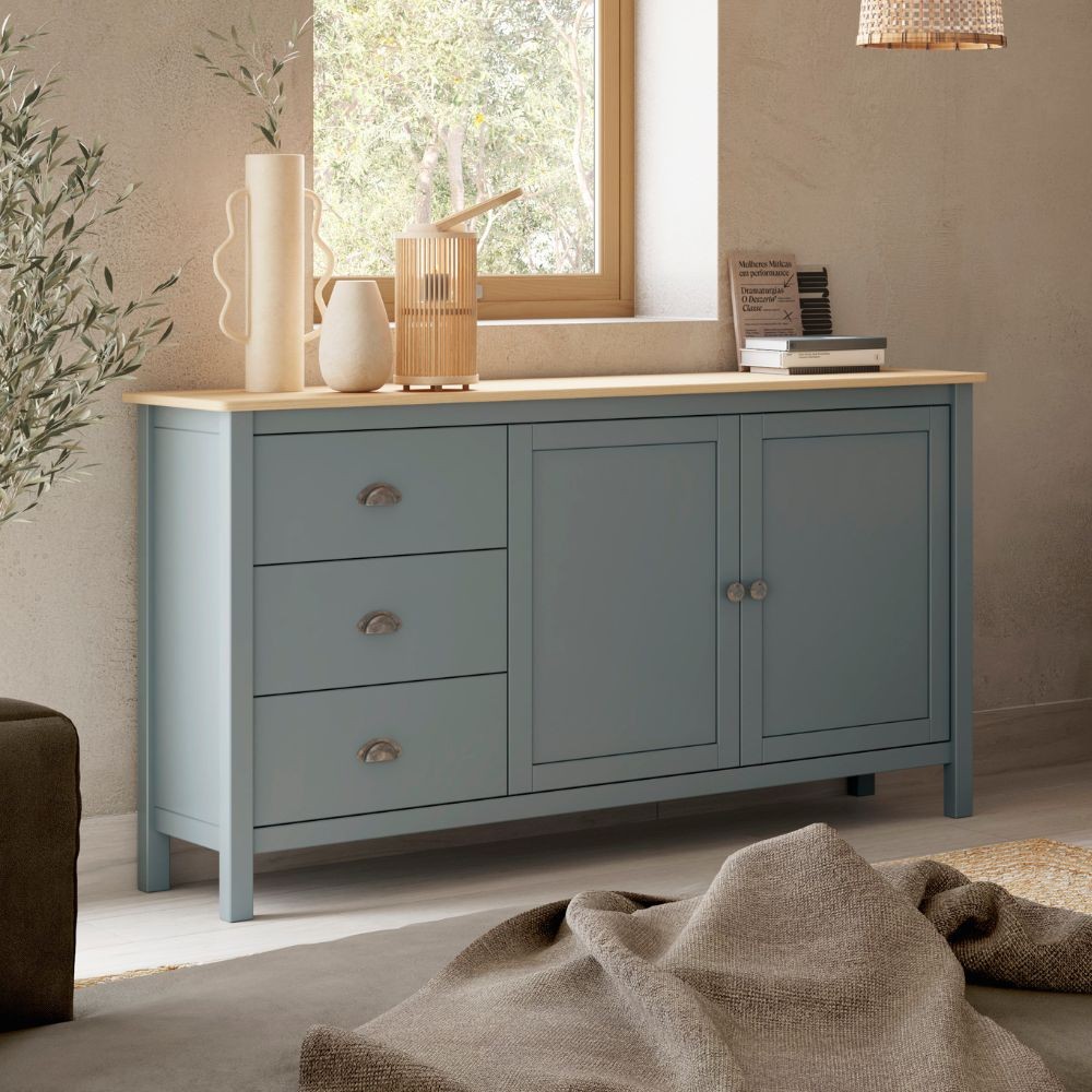 Credenza Misti 2 ante e 3 cassetti in legno massiccio verde khaki e rovere Credenza Misti 2 ante e 3 cassetti in legno massiccio verde khaki e rovere
