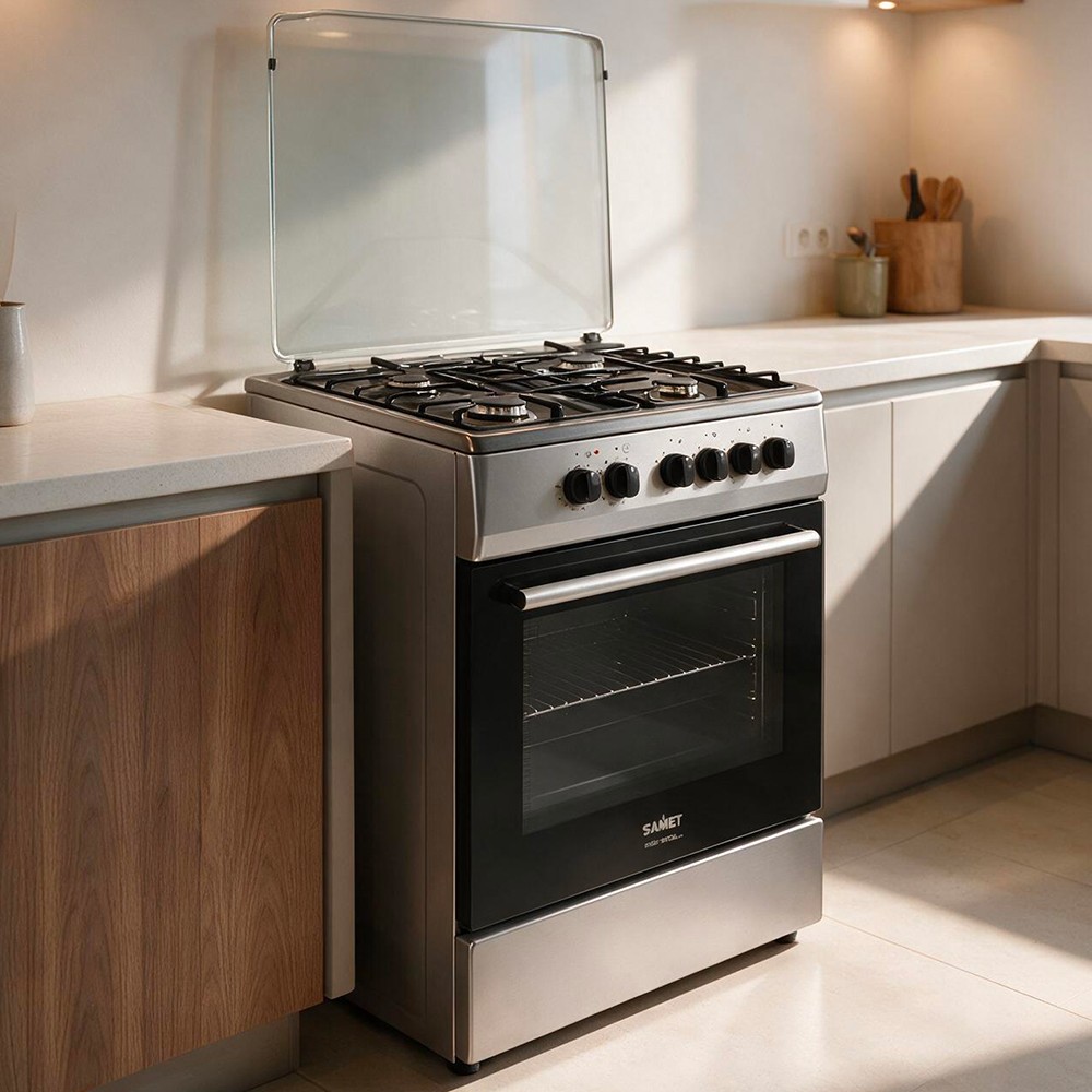 Cucina a gas Tremiti 60x60 con forno multifunzione e grill elettrico 70 litri silver e top nero classe A Samet Indomita Line Cucina a gas Tremiti 60x60 con forno multifunzione e grill elettrico 70 litri silver e top nero classe A Samet Indomita Line