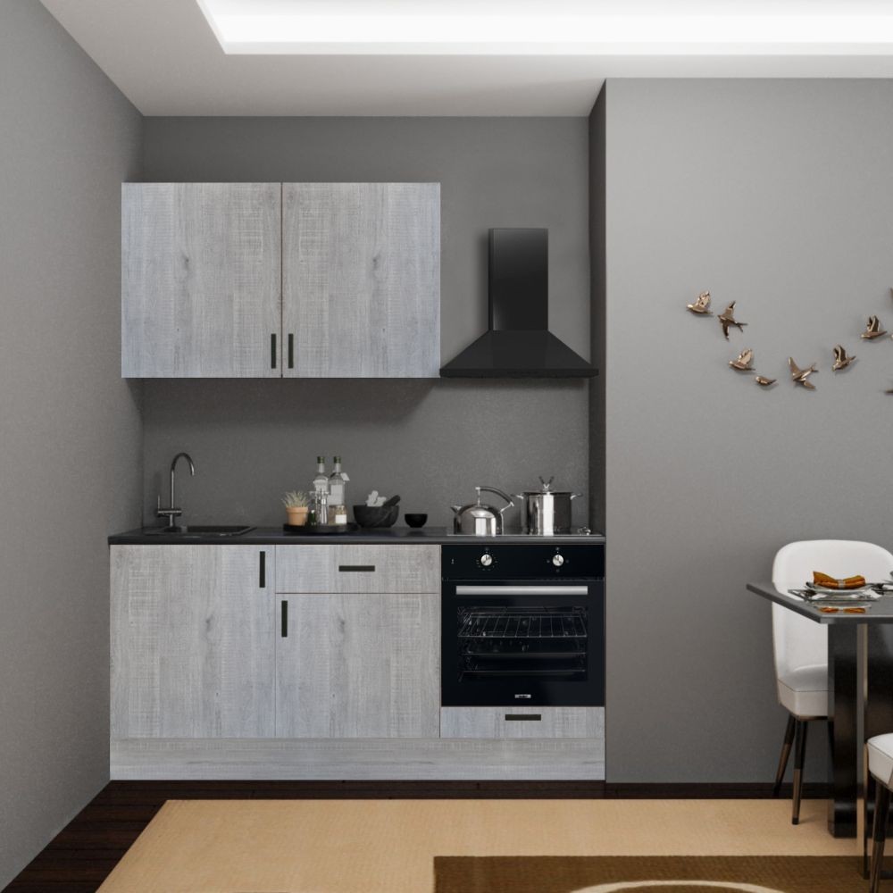 Cucina Asti 180 cm. reversibile elettrodomestici inclusi colore rovere grigio chiaro e maniglie in metallo nero Cucina Asti 180 cm. reversibile elettrodomestici inclusi colore rovere grigio chiaro e maniglie in metallo nero