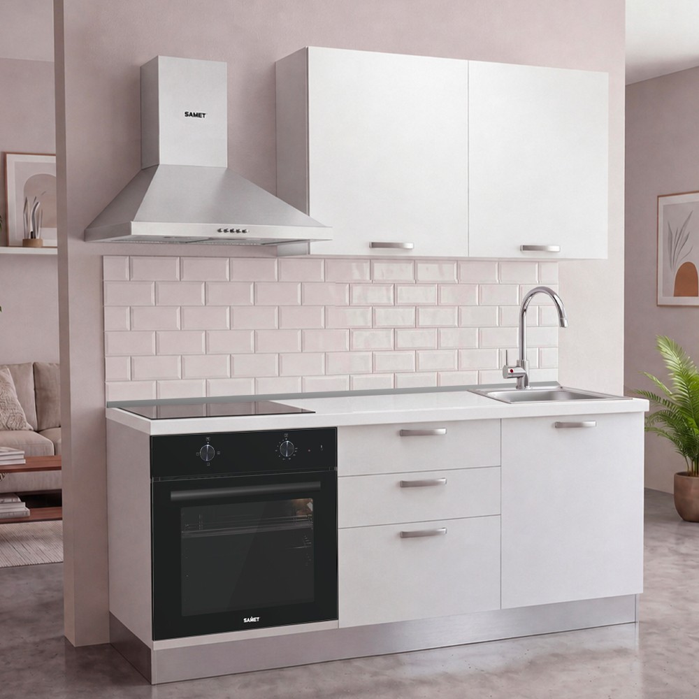 Cucina Astinew 180 cm reversibile in bianco poro chiuso con elettrodomestici e piano a induzione Industrie Valentini Cucina Astinew 180 cm reversibile in bianco poro chiuso con elettrodomestici e piano a induzione Industrie Valentini