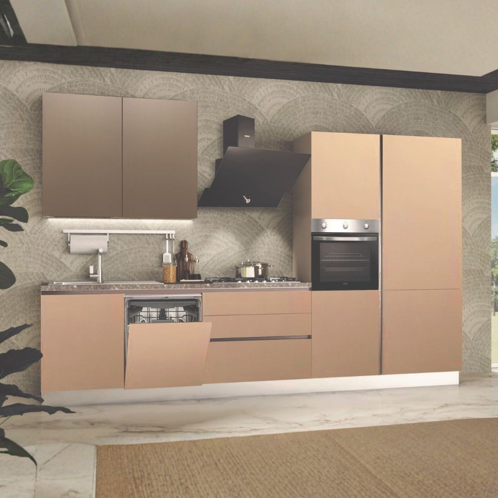 Cucina completa Lily Destra con struttura in grigio perla pensili in ossido e basi e colonne sabbia Cucina completa Lily Destra con struttura in grigio perla pensili in ossido e basi e colonne sabbia