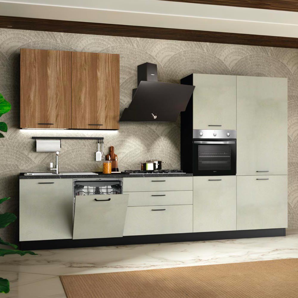 Cucina completa Micol destra con struttura in antracite basi e colonne in cemento bianco e pensili in olmo tabacco Cucina completa Micol destra con struttura in antracite basi e colonne in cemento bianco e pensili in olmo tabacco