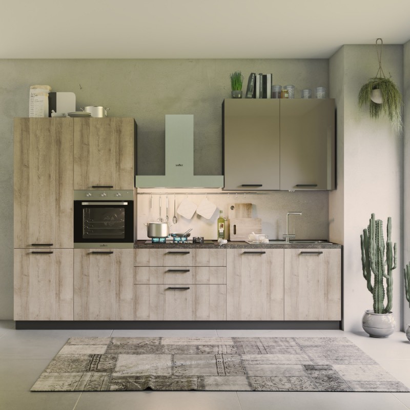 Cucina Durazzo Glam 330 cm rovere rustico e tortora lucido sinistra con lavastoviglie Cucina Durazzo Glam 330 cm rovere rustico e tortora lucido sinistra con lavastoviglie