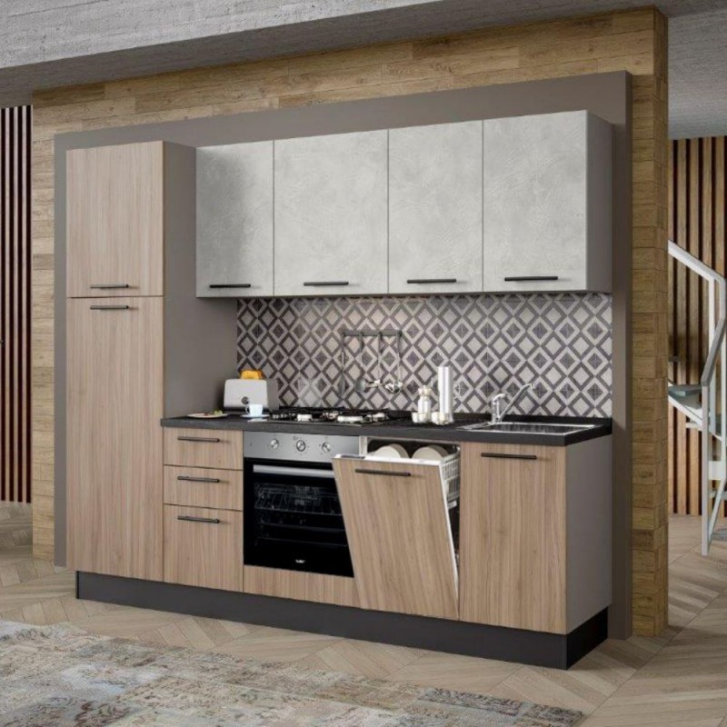 Cucina Licola 255x216H reversibile colore noce chiaro e pensili spatolato con lavastoviglie Cucina Licola 255x216H reversibile colore noce chiaro e pensili spatolato con lavastoviglie