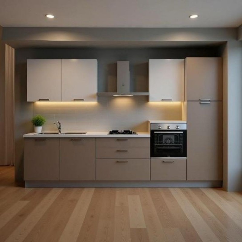Cucina lineare Luna ml.330 con colonna destra e base tortora e pensili bianchi Cucina lineare Luna ml.330 con colonna destra e base tortora e pensili bianchi