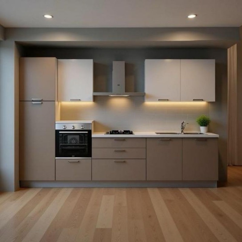 Cucina lineare Luna ml.330 con colonna sinistra e base tortora e pensili bianchi Cucina lineare Luna ml.330 con colonna sinistra e base tortora e pensili bianchi