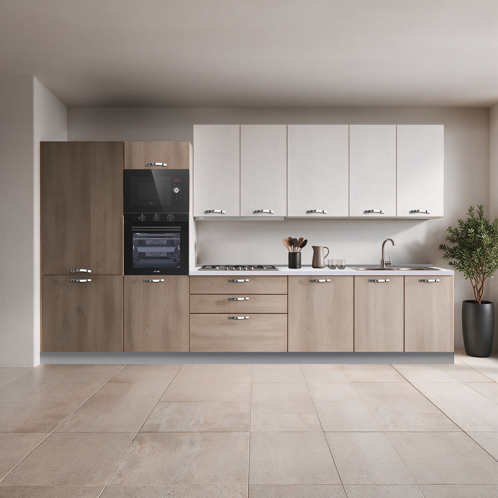 Cucina Meraviglia XL reversibile L 375 cm. con basi e colonne olmo e pensili alti bianco frassinato elettrodomestici inclusi Cucina Meraviglia XL reversibile L 375 cm. con basi e colonne olmo e pensili alti bianco frassinato elettrodomestici inclusi