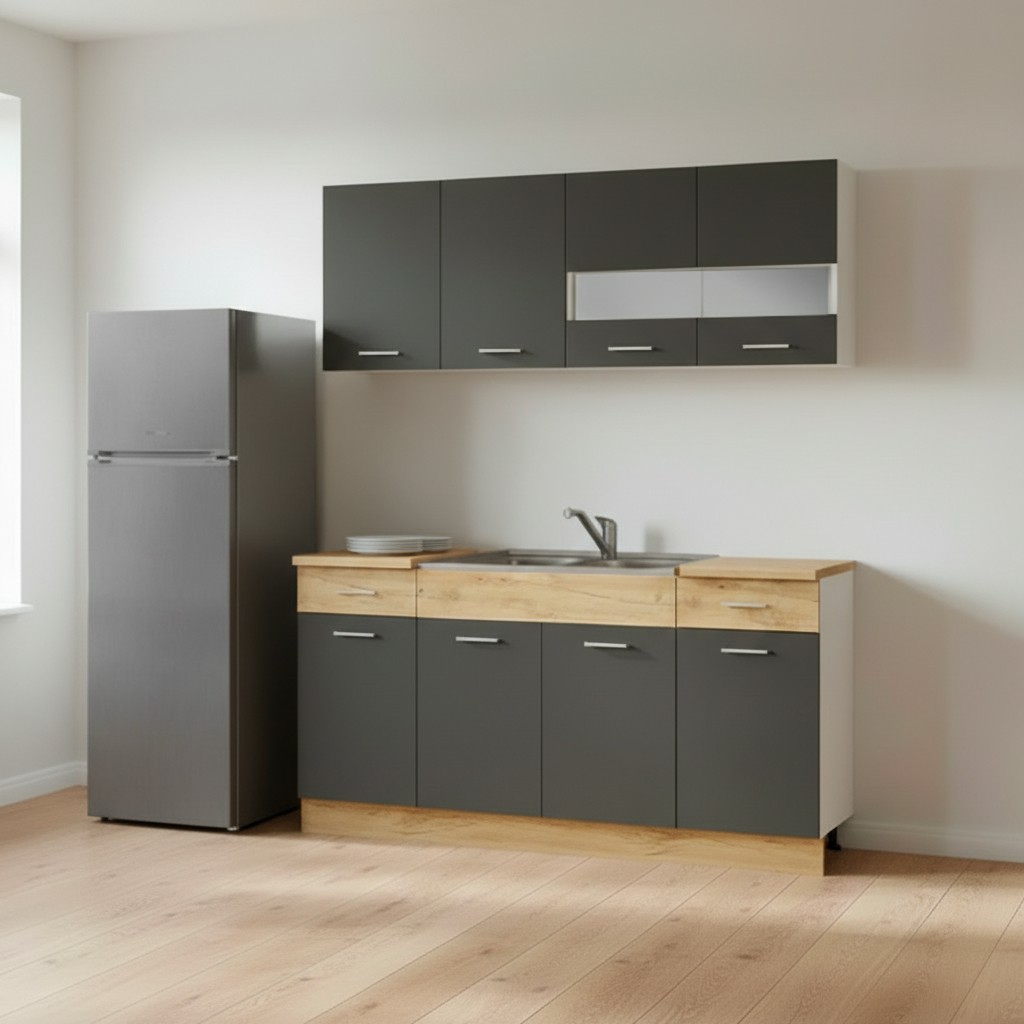 Cucina monoblocco 160 cm Erika in colore grigio matera e rovere con fianchi bianchi Cucina monoblocco 160 cm Erika in colore grigio matera e rovere con fianchi bianchi