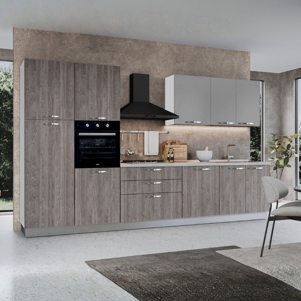 Cucina reversibile Iris 360 cm con cassa bianca base e colonne forest grigio e pensili grigio chiaro Cucina reversibile Iris 360 cm con cassa bianca base e colonne forest grigio e pensili grigio chiaro