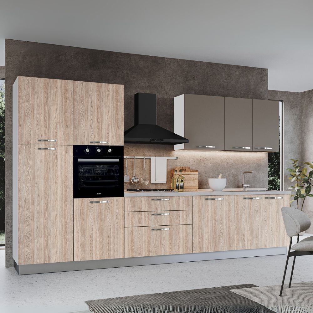 Cucina reversibile Iris 360 cm con cassa bianca base e colonne rovere gessato naturale e pensili tortora Cucina reversibile Iris 360 cm con cassa bianca base e colonne rovere gessato naturale e pensili tortora
