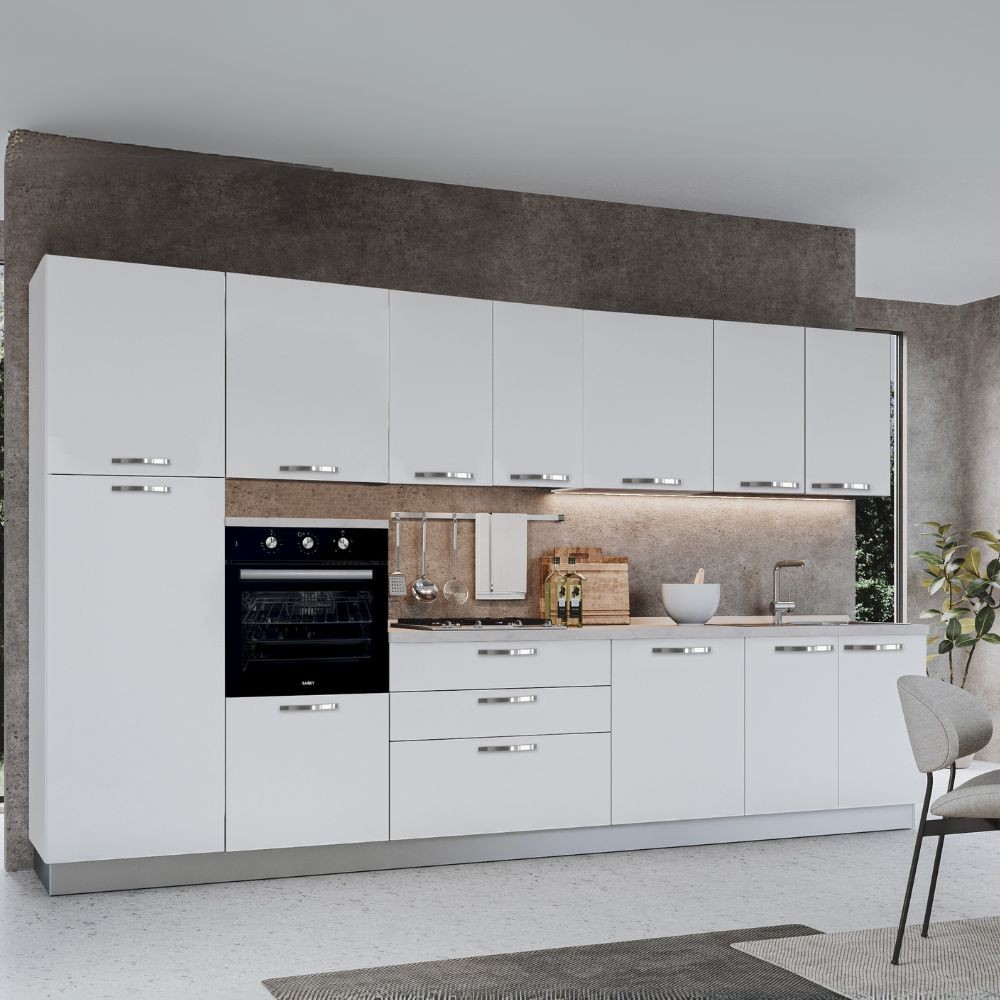 Cucina reversibile Petunia base 360 cm con elettrodomestici inclusi colore bianco lucido Cucina reversibile Petunia base 360 cm con elettrodomestici inclusi colore bianco lucido