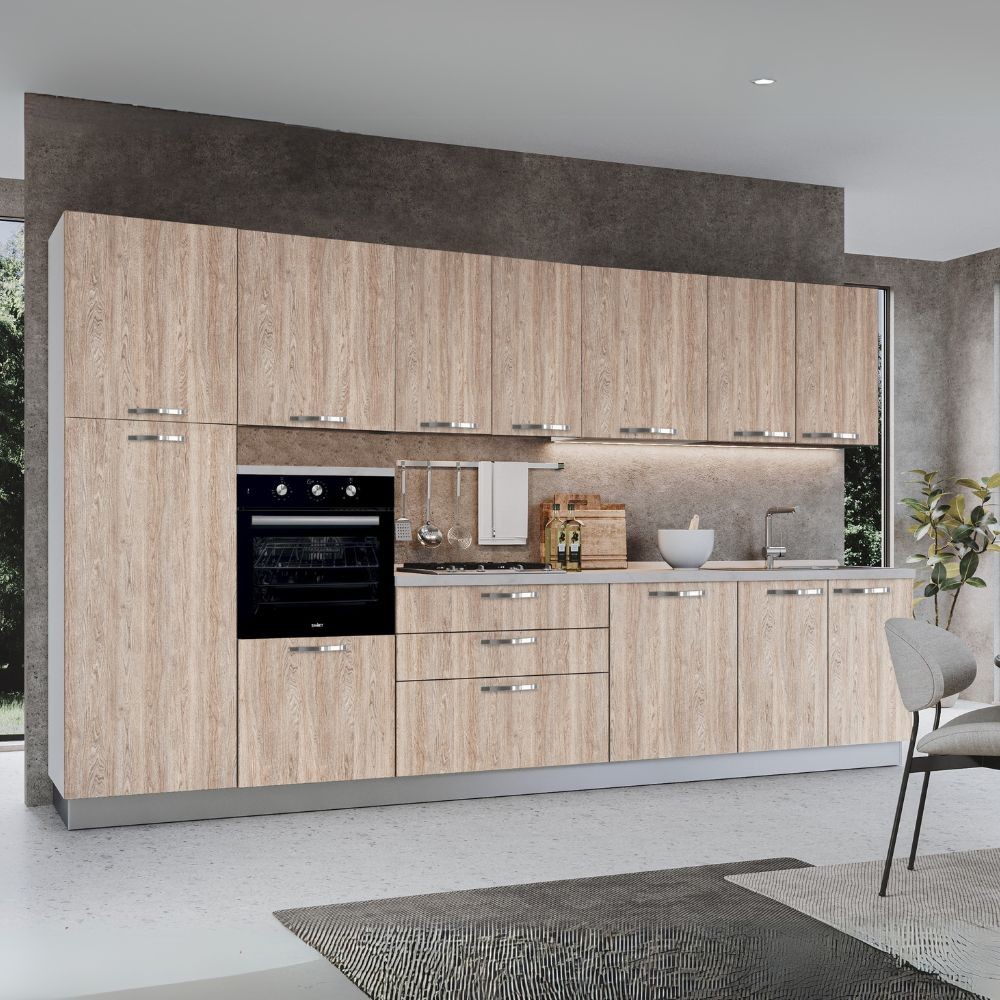 Cucina reversibile Petunia base 360 cm con elettrodomestici inclusi colore rovere gessato naturale Cucina reversibile Petunia base 360 cm con elettrodomestici inclusi colore rovere gessato naturale