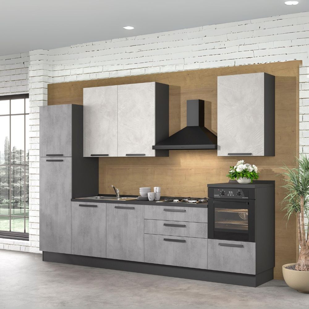 Cucina Sinki reversibile 330x216/240 H con cassa colore antracite basi ossido e pensili spatolato con lavastoviglie Cucina Sinki reversibile 330x216/240 H con cassa colore antracite basi ossido e pensili spatolato con lavastoviglie