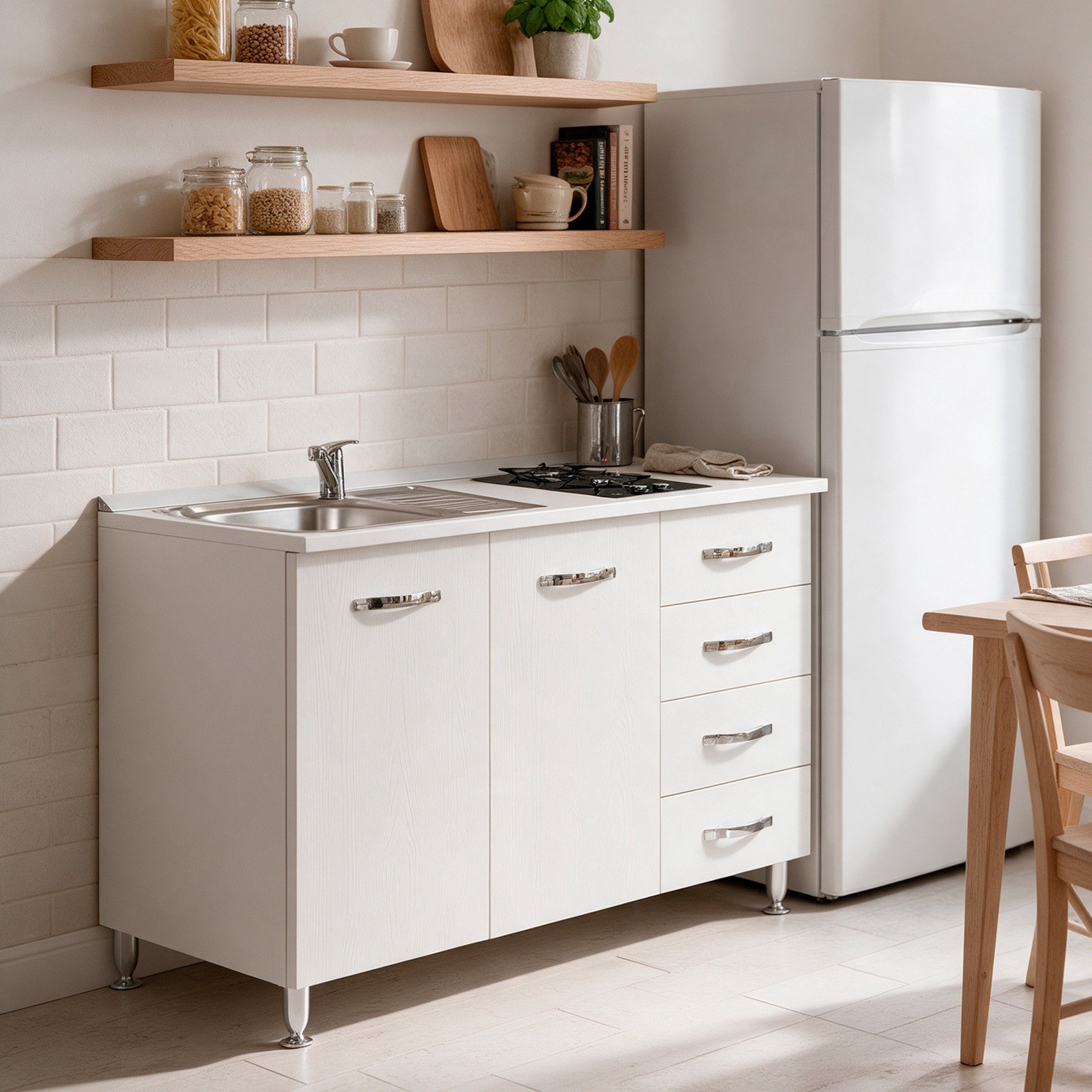 Cucinino 120 cm 2 ante e cassettiera e piano cottura in vetroceramica bianco larice 120x60x85H Cucinino 120 cm 2 ante e cassettiera e piano cottura in vetroceramica bianco larice 120x60x85H