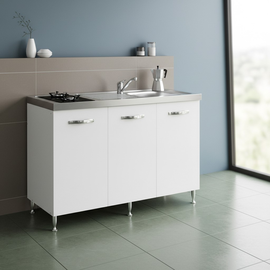 Cucinino Indiano120K30 con sottolavello 3 ante bianco frassinato con top inox e piano cottura a gas in vetro temperato Cucinino Indiano120K30 con sottolavello 3 ante bianco frassinato con top inox e piano cottura a gas in vetro temperato