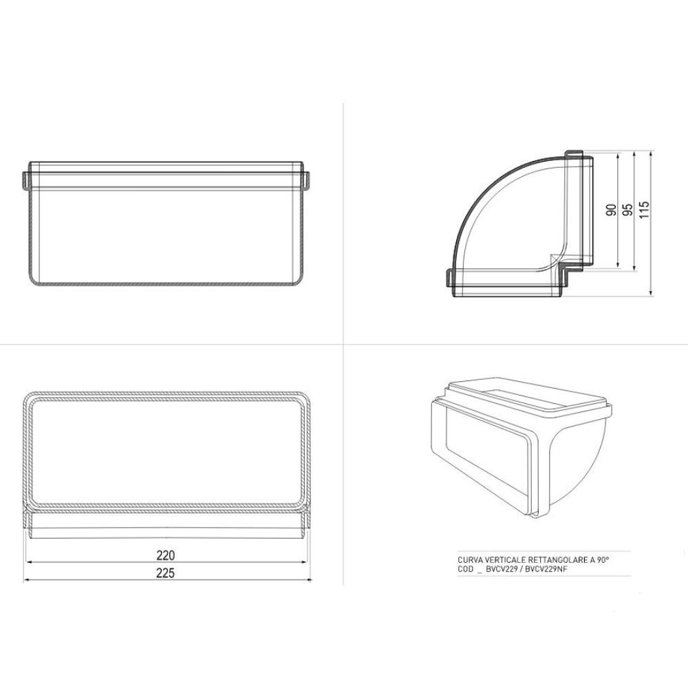 Curva verticale rettangolare 90 gradi per cappe BVCV229 Curva verticale rettangolare 90 gradi per cappe BVCV229