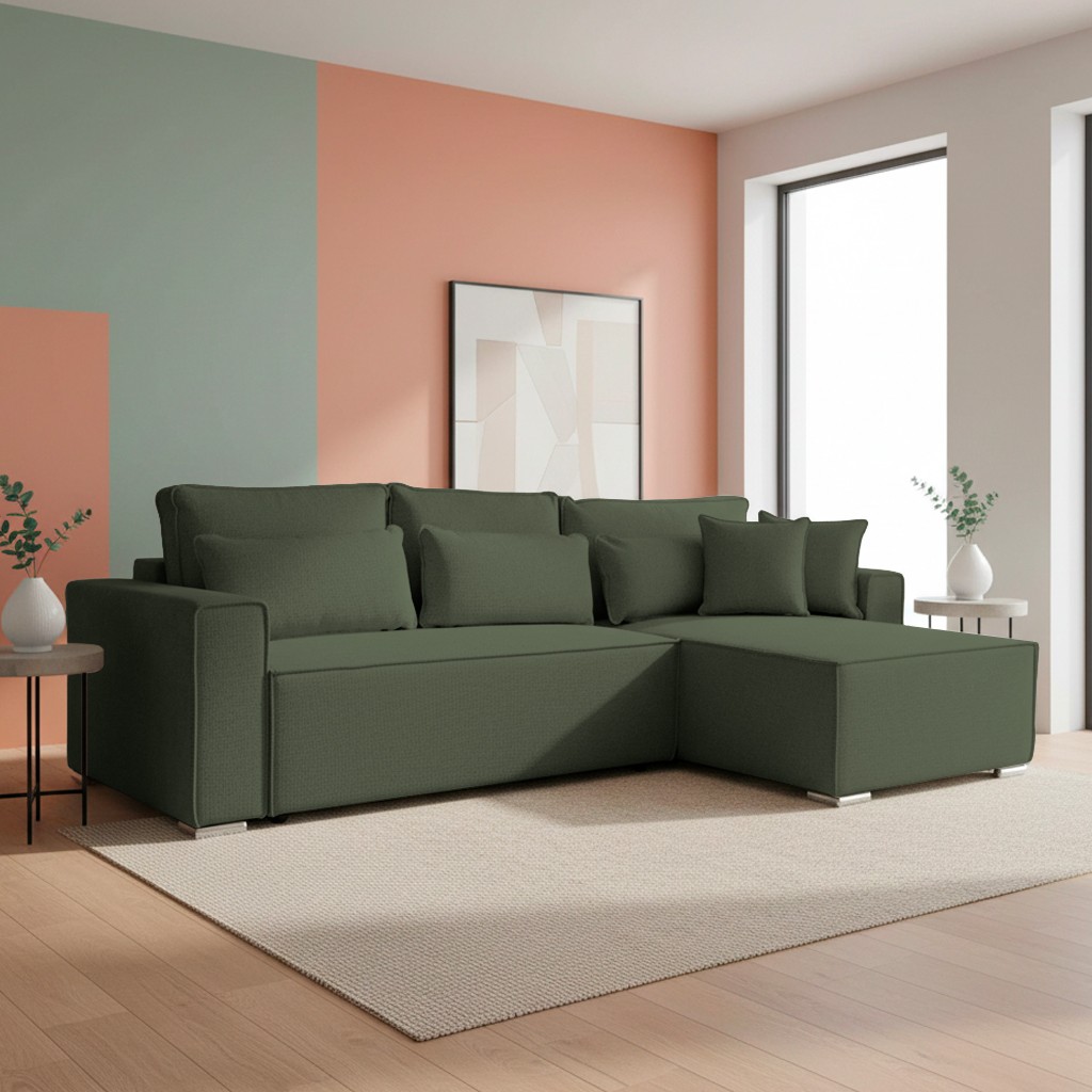 Divano angolare Emily con funzione letto con contenitore e penisola reversibile cuscini decorativi in Aragon 39 verde oliva Divano angolare Emily con funzione letto con contenitore e penisola reversibile cuscini decorativi in Aragon 39 verde oliva